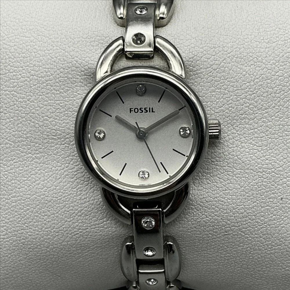 Fossil Women Watch 22mm Silver Tone Stainless Crystals ES-2561 New Battery 6.25